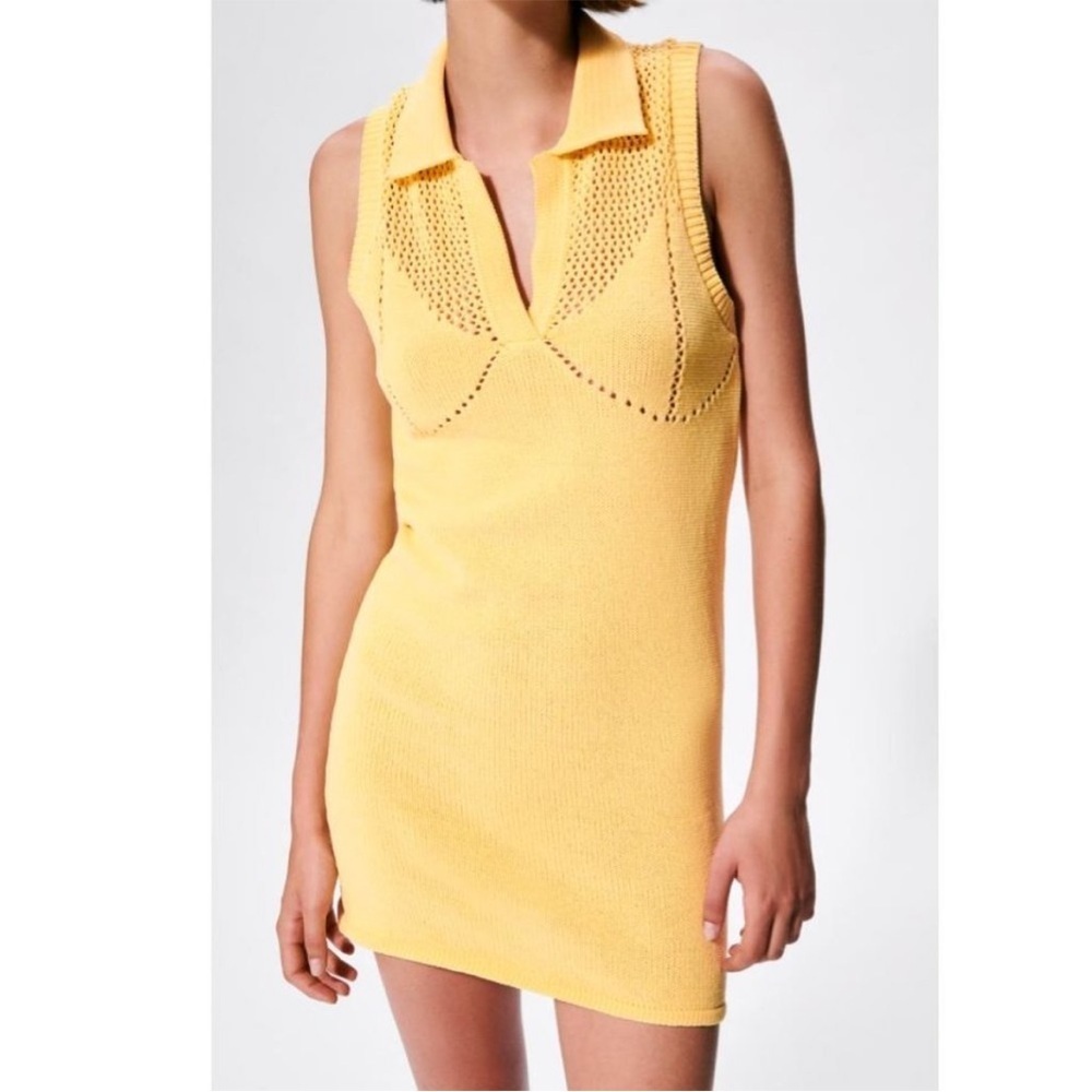 Zara Perforated Mini Yellow Sweater Sleeveless Dress Medium